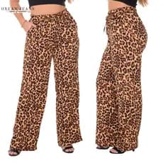 Calça Pantalona Feminina Onça Com Bolso Cintura Alta