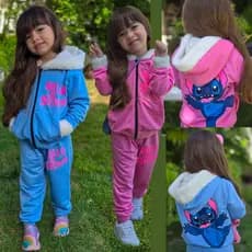 Conjunto Infantil Menina com Capuz  Moletinho Premium Stitch Rosa Azul Preto 2 ao 14