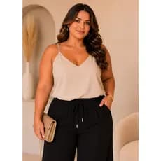 Regata Plus Size Feminina Alça de Strass Brilho Blusa Duna Forrada Elegante Básica Sofisticada Moda Casual