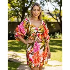 Vestido Curto Estampado Manga Bufante Feminino Elegante Floral