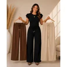 Kit 3 Calças Pantalona Feminina Duna Premium Cintura Alta Com Elástico Bolso e Amarração – Conforto e Elegância