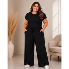 Calças Pantalona Feminina Duna Plus Size Cintura Alta Com Elástico Bolso e Amarração – Conforto e Elegância