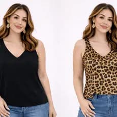 Kit 2 Blusas  Regata Feminina Duna Alça Larga Crepe Decote V Praticidade Elegância Dia a Dia