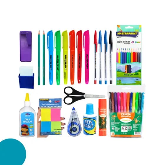 kit 47 Itens Material Escolar Volta as aulas ensino fundamental médio Básico caneta lápis marca texto borracha corretivo