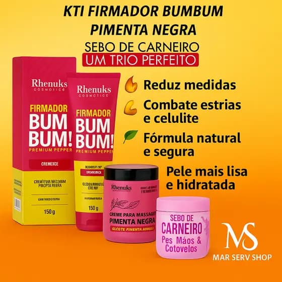 Kit Firmador Bumbum + Gel Redutor Pimenta Negra + Sebo de Carneiro–Uso Profissional | Anti‑Celulite