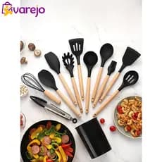 Utensílio Cozinha Silicone Espátulas Preto, Colheres Kit 12 Peças Preto