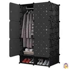 Armário Modular Preto Plástico PP Guarda-Roupa Portátil com Nichos, Cabideiro e Sapateira Inferior