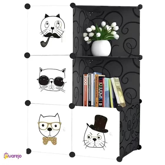 Organizador Modular Infantil Preto com Portas Temáticas de Gatos – Guarda Roupa PP Portátil Dobrável