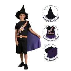 Fantasia Infantil Menino Bruxo Halloween Mago com Capa e Chapéu Carnaval Presente Dia Das Crianças