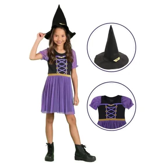 Fantasia Infantil Menina Bruxa Morgana Vestido Bruxinha Halloween com Chapéu Dia das Bruxas