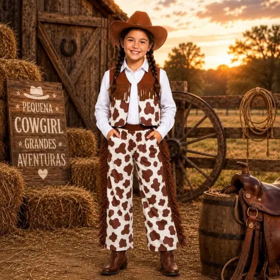 Fantasia Cowgirl Infantil Menina Cowboy Country Marrom Festa Junina Rodeio Boiadeira
