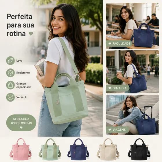 Bolsa Feminina Grande Multifuncional Transversal e Mão – Ideal para Trabalho, Estudo e Uso Diário