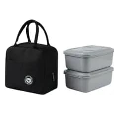 Kit Bolsa Térmica Preta + 2 Potes para Marmita 500ml cada