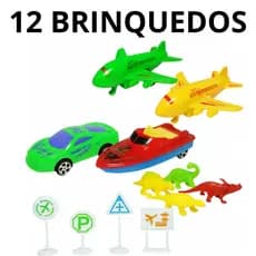 Kit Brinquedos Infantis 12 Peças – Avião, Carro, Barco, Dinossauros e Placas Educativas