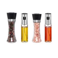 Conjunto  Moedores Sal Pimenta +  Galheteiros Spray Azeite e Óleo – Vidro Reforçado Cozinha e Mesa