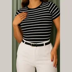 Blusa Feminina Manga Curta Listrada Tecido Canelado - Confortável baby look Casual Verão
