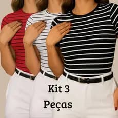 Kit 3 Blusa Feminina Canelada Listrada Blusinha Básica Casual Preto Branco Vermelho