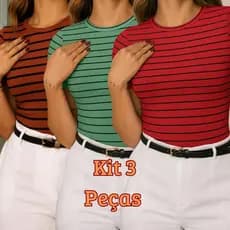 Kit 3 Blusinha MANGA CURTA Listrada Feminina – Blusa Feminina Versátil Varias Cores Verão