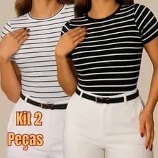 KIT 2 Blusinha Feminina Manga Curta | Blusa Listrada Canelada Verão Casual Estilo Baby Look
