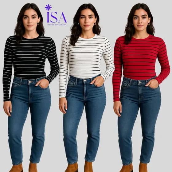 Kit 3 Blusa Feminina Manga Longa Listrada Casual– Canelada Slim Tecido Macio e Confortável
