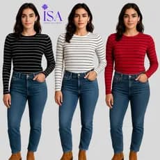 Kit 3 Blusa Feminina Manga Longa Listrada Casual– Canelada Slim Tecido Macio e Confortável