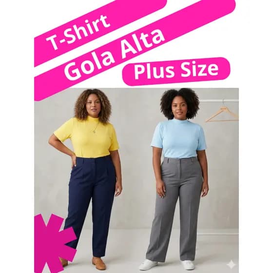 T-shirt Feminina Plus Size Básica Lisa Gola Alta em Viscolycra Confortável - Veste do tam. 44 ao 48