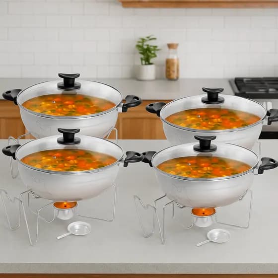 Jogo Buffet 4 Panelas Rechaud 6,5 Litros Alumínio Tampa de Vidro Restaurante Cozinha Buffet