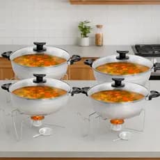 Jogo Buffet 4 Panelas Rechaud 6,5 Litros Alumínio Tampa de Vidro Restaurante Cozinha Buffet