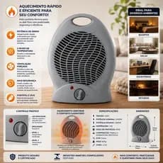 Aquecedor Eletrico Compacto 2000W Alta Eficiencia Rapido Aquecimento Cinza 220V