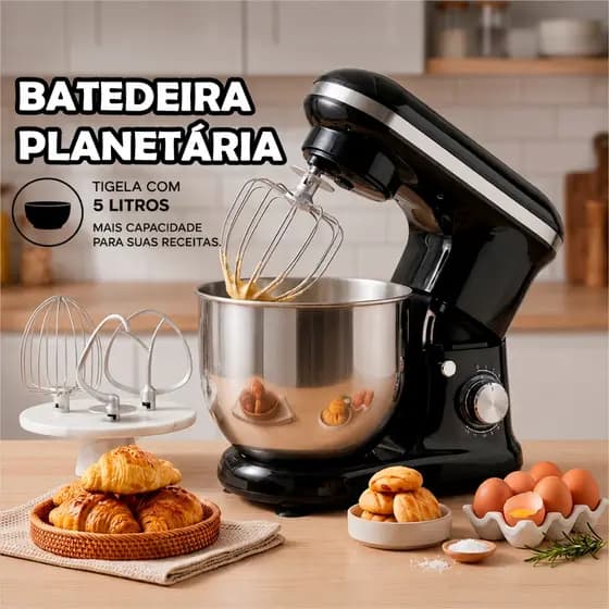 Batedeira de Bolo Profissional Batedeira de Bolo 700W Batedeira 5L Agrato Batedeira Preta 3 Batedor