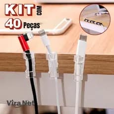 Kit 40 Fixa Passa Fio Autoadesivo Organizador Plástico p/Fios e Cabos