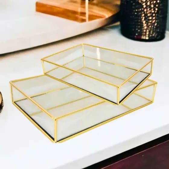 Bandeja Decorativa Retangular Espelhada ou Marmorizada – Madeira ou Metal Dourado para Banheiro