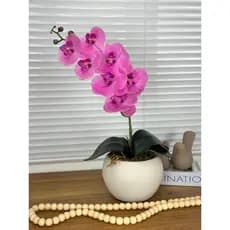 Arranjo de Orquídea Artificial Rosa Vaso Cerâmica Aquario Bege