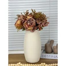 Arranjo Rosa Artificial Outonado Vaso Bege Cerâmica