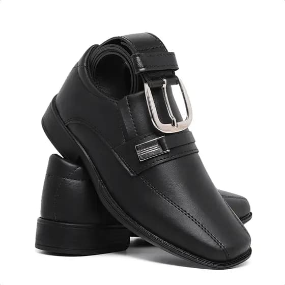 Kit Sapato Social Infantil Masculino Menino Com Cinto Preto Bico Quadrado Juvenil Sem Cadarço Macio