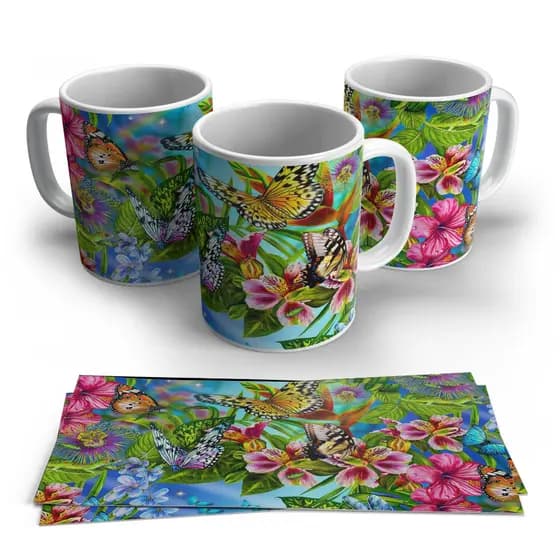 Caneca Xicara Cerâmica 325ml personalizada arte tema Borboletas