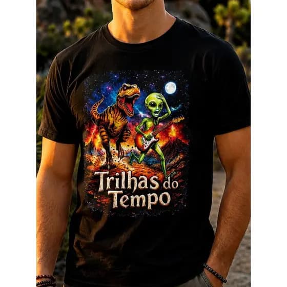 Camiseta Algodão Estampada Trilhas do Tempo Dino & Alien Unissex Premium