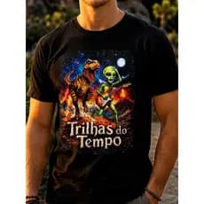 Camiseta Algodão Estampada Trilhas do Tempo Dino & Alien Unissex Premium