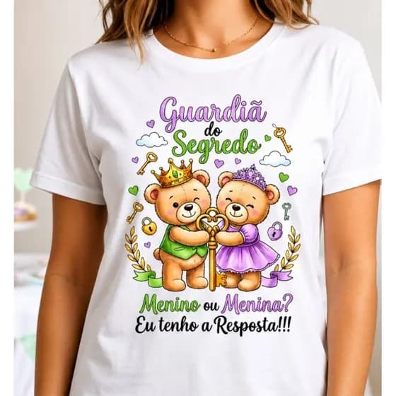 ​Camiseta Chá Revelação Guardiã Do Segredo Ursinhos Baby Look / Unissex Festa