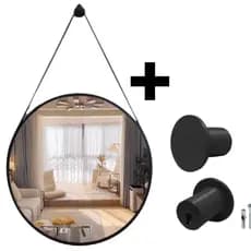 Espelho Adnet 40cm Redondo Decorativo Alça de Couro + Pino Pendurador