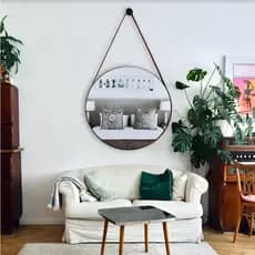 Espelho Adnet 30 cm Redondo Decorativo Alça de Couro + Pino Pendurador