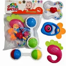 kit chocalho para bebê ,com 4 peças chocalho e mordedor macio colorido.