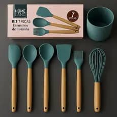 kit 7 peças utensílios silicone,espátula ,concha,pincel,batedor, colher,colher de raspagem ,porta utensílios .