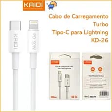 Cabo de Dados e Carregamento Turbo Tipo-C para Lighting KAIDI KD-26 Potência Máxima: 30w