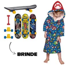 Roupão Infantil Criança Banho Com Capuz Toque Aveludado Personagem Super Mario + Skate D/Dedo Brinde