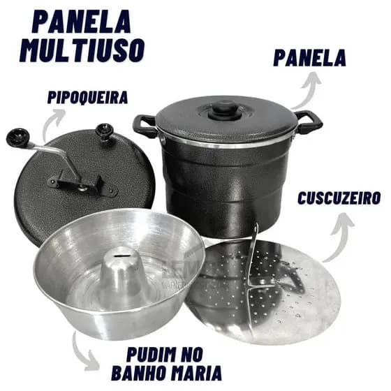 Cuscuzeiro 4 em 1 Em Alumínio N20 Panela Multiuso Pipoqueira Faz Pudim Cuscuz Pipoca