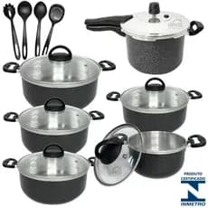 Jogo 10 Peças Caçarolas Tampa de Vidro 16/24 + Panela De Pressão Fechamento Externo 4,5L + 4 Nylon
