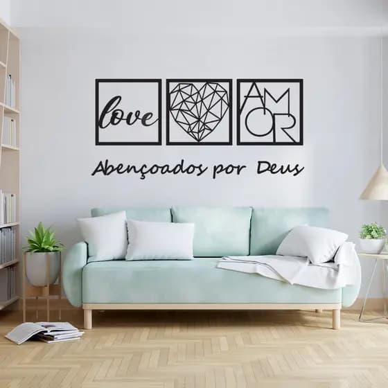 KIT 3 Quadros MDF Abençoados por Deus, Love e Coração Amor Frase de Parede Religioso