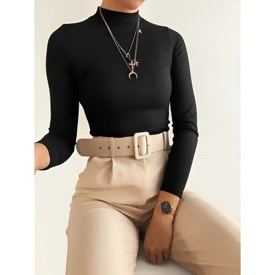 Blusa de Frio de Gola Alta Feminina Básica Manga Longa Lisa Elegante Camisa Manga Comprida
