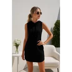 Vestido de Inverno Feminino Com Capuz Sem Manga Com Cordão